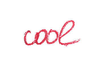 Word cool made with lipstick and isolated on white.