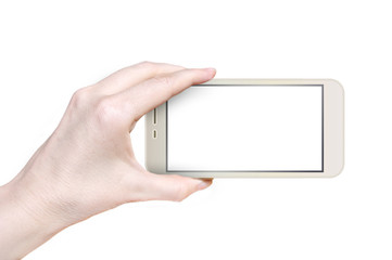 Woman hand holding horizontal the gold smartphone with blank screen, isolated on white background.