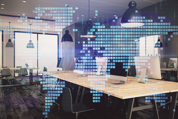 Double exposure of World map polygonal with work space background. Globalization concept. 3d render