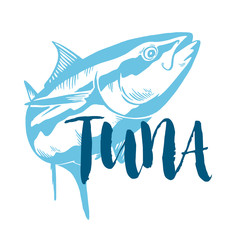 Tuna fish symbol on white background, Vector. Sport fishing club, restaurant, canned, food logo.