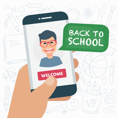 Education background with smartphone "back to school" text. Male teacher. Welcome button, vector illustration.