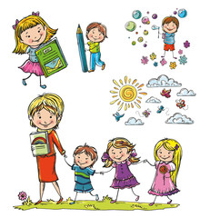 Vector cartoon, cartoon character, teacher with students