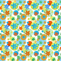 Abstract seamless pattern in spring colors with flowers and circles