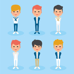 Fototapeta premium Set of First Communion Boys with different hairs and dresses. Blue background. Vector