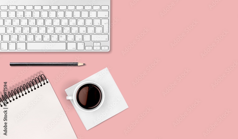 Canvas Prints computer keyboard at workplace and cup isolated on background