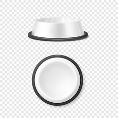 Vector Realistic White Blank Plastic or Metal Pet Bowl Icon Set, Mock-up Closeup Isolated on Transparent Background. Design Template of Bowl for Pet, Cat, Animal Food for Mockup. Front and Top View