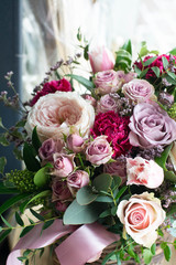 Calla, carnation, Tulip, rose Bush, rose, Ruscus, Pittosporum