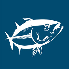 Tuna fish symbol on blue background,Vector. Sport fishing club, restaurant, canned, food logo