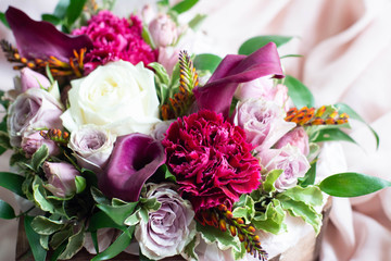 Calla, carnation, Tulip, rose Bush, rose, Ruscus, Pittosporum