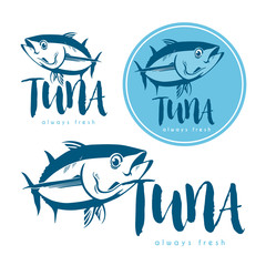 Seafood tuna products tags and emblems. Vector icons for product, company, restaurant label. 