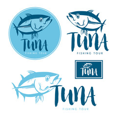 Seafood tuna products tags and emblems. Vector icons for product, company, restaurant label. 