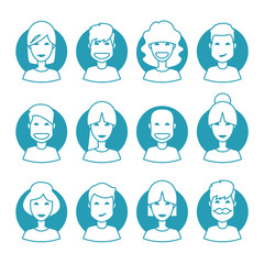 Set of 12 diverse blue avatars. Different Isolated faces. 