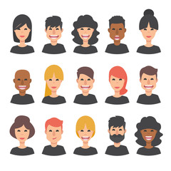 Set of 15 diverse avatars. Different nationalities and hair styles. Isolated faces. 