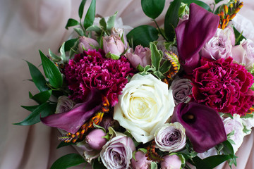 Calla, carnation, Tulip, rose Bush, rose, Ruscus, Pittosporum