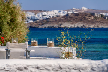 Picturesque view to Naussa from Kolymbithres beach. Paros island, Greece