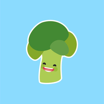 broccoli (Brassica oleracea) with cute face. Illustration funny and healthy food cartoon. Blue background
