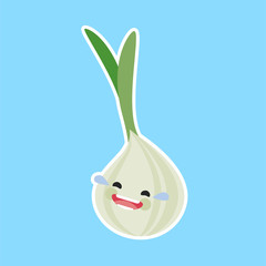 onion (Allium cepa) with cute face. Illustration funny and healthy food cartoon. Blue background
