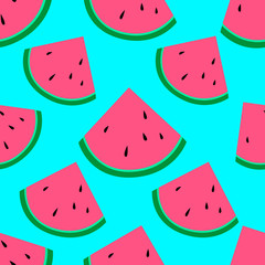 Vector seamless pattern with watermelon slices  on light blue background. Flat style design