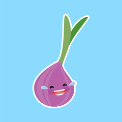 purple onion (Allium cepa) with cute face. Illustration funny and healthy food cartoon. Blue background
