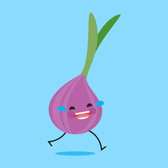 purple onion (Allium cepa) with cute face. Illustration funny and healthy food cartoon. Blue background
