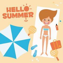 ahello summer! woman lying on her towel in the sand with the necessary elements to enjoy a amazing day at the beach