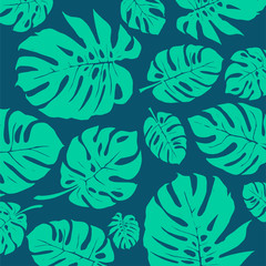 Green and Blue Monstera tropical leaf Pattern. Vector