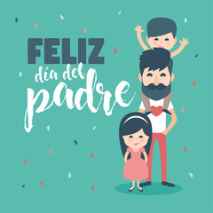 Greeting card. Dad with Beard and children. Happy Father´s day written in Spanish