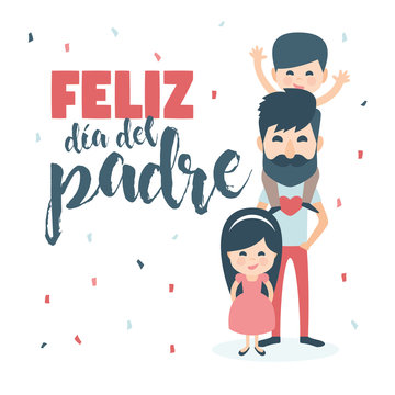 Greeting card. Dad with Beard and children. Happy Father´s day written in Spanish