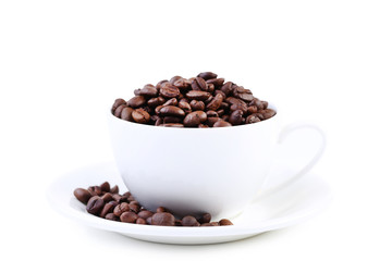 Coffee beans in cup isolated on white background