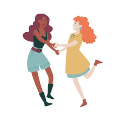 Young women having fun together holding hands.