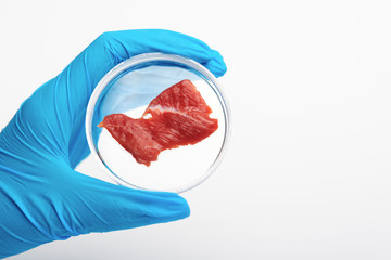 Scientist holding Petri dish with synthetic meat sample on white background
