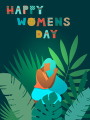 Happy womens day, vector card with hand drawn lettering, flat design