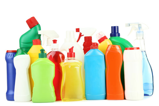 Bottles with detergent isolated on white background