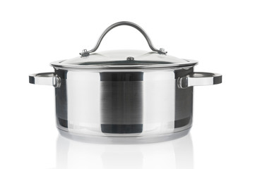 Stainless steel pot close up isolated on white background