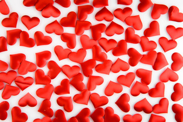 background with red hearts isolated on white background.Heart Love symbol.Space for text.top view 