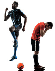 Fototapeta na wymiar two soccer players men in studio silhouette isolated on white background