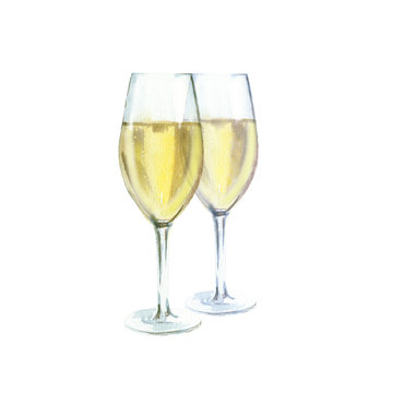 Two champagne glasses watercolor illustration, isolated on white background