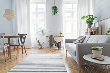 Modern scandinavian living room with design furniture, family table, plants, bamboo bookstand and...