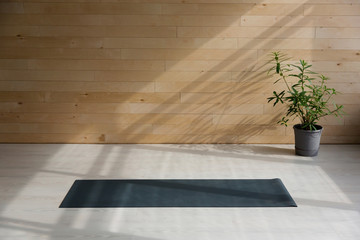 Empty yoga mat on the floor. Equipment for yoga. Concept healthy lifestyle