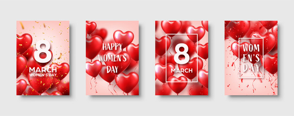 Women's day background with red balloons, heart shape.Confetti and ribbon. Love symbol. March 8. I love you. Vector illustration.