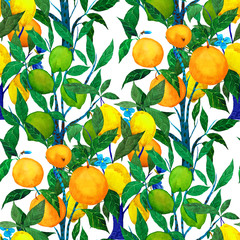 Watercolor seamless pattern with citrus trees. Bright wallpaper with orange, lime and lemon trees. Beautiful summer print. Surface design 