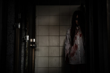 Portrait of asian woman make up ghost face with blood,Horror scene,Scary background,Halloween...