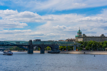 Fototapeta premium View of Pushkin Bridge from Moscow River on a sunny day.