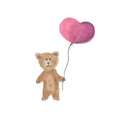 watercolor illustration with a bear and a balloon. greeting card for valentines day. holiday gift. a heart