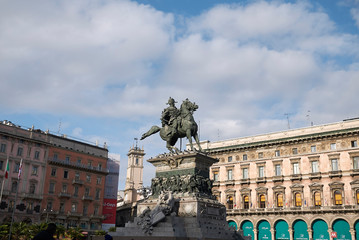 Fototapeta na wymiar Milan, Italy - January 16, 2019 : View of Vittorio Emanuele II statue in piazza Duomo