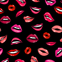 Female comic lips seamless pattern vector template. Female mouth with red lips makeup illustration