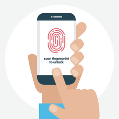 Vector illustration. Identification scannings of a fingerprint in the mobile phone. Scan to unlock. Accepted access. Verification process. 