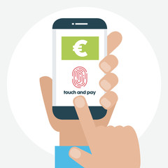 Vector illustration. Identification scannings of a fingerprint in the mobile phone. Touch and pay