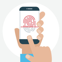 Vector illustration. Identification scannings of a fingerprint in the mobile phone. Verification process. 