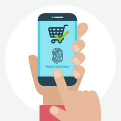 Vector illustration. Identification scannings of a fingerprint in the mobile phone. Touch and pay